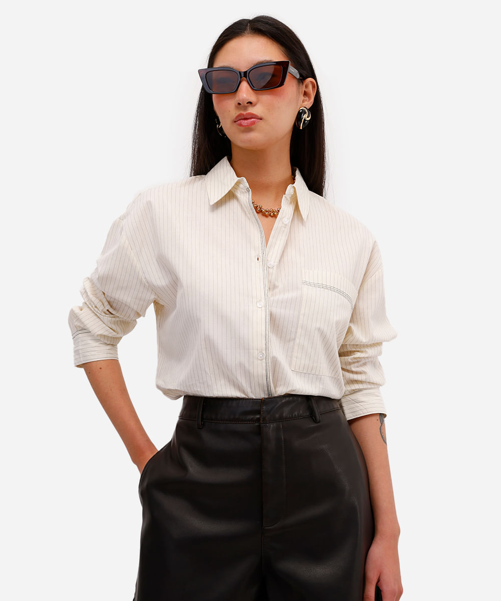 camisa feminina de algodão listrada off white