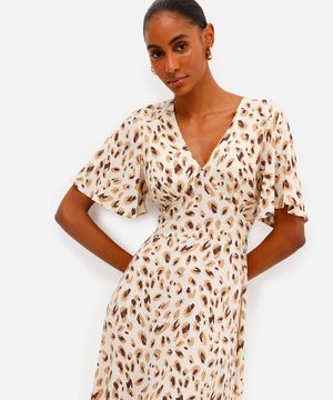 vestido midi feminino de viscose estampado bege