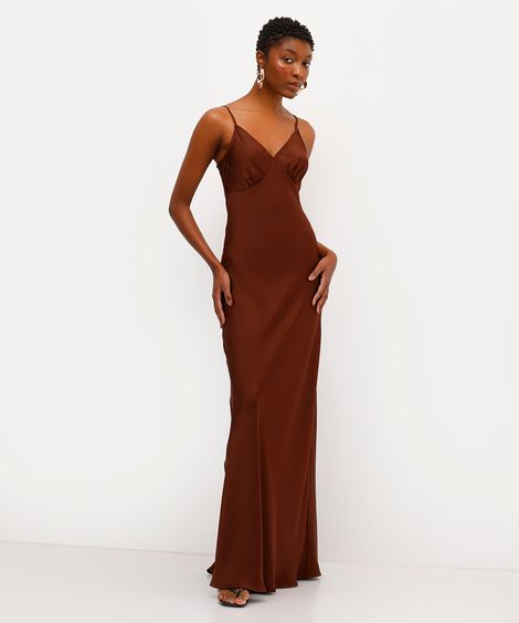 vestido longo slip dress feminino acetinado babi louise marrom