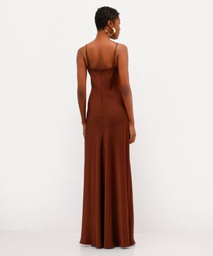 vestido longo slip dress feminino acetinado babi louise marrom