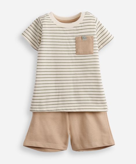 conjunto curto infantil de algodão listrado bege