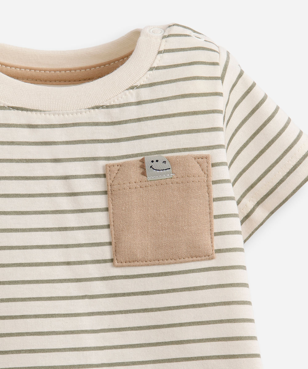 conjunto curto infantil de algodão listrado bege