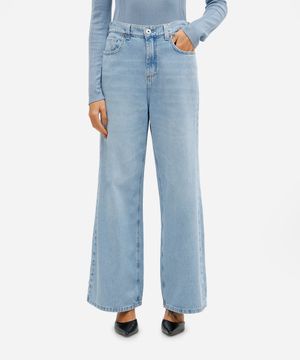 calça wide leg feminina jeans cós elástico azul