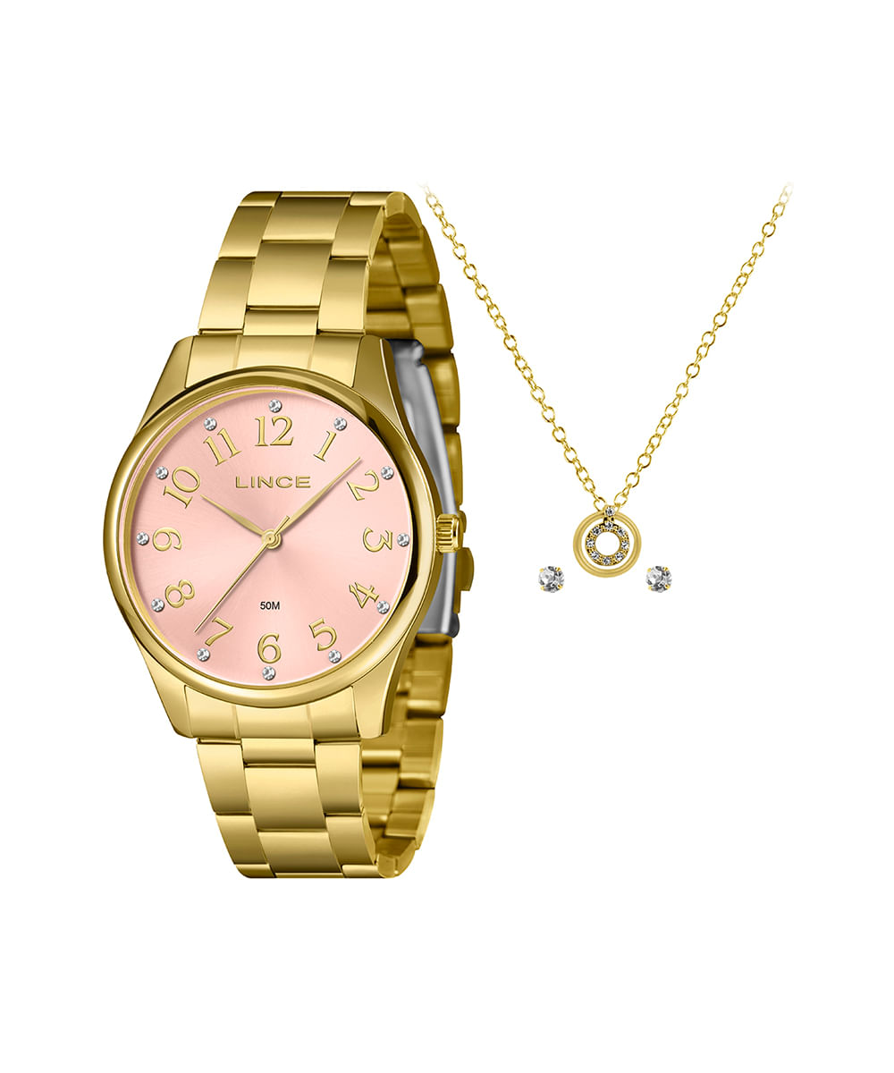 kit relógio feminino lince lrgj177l40ka9wr2kx analógico dourado