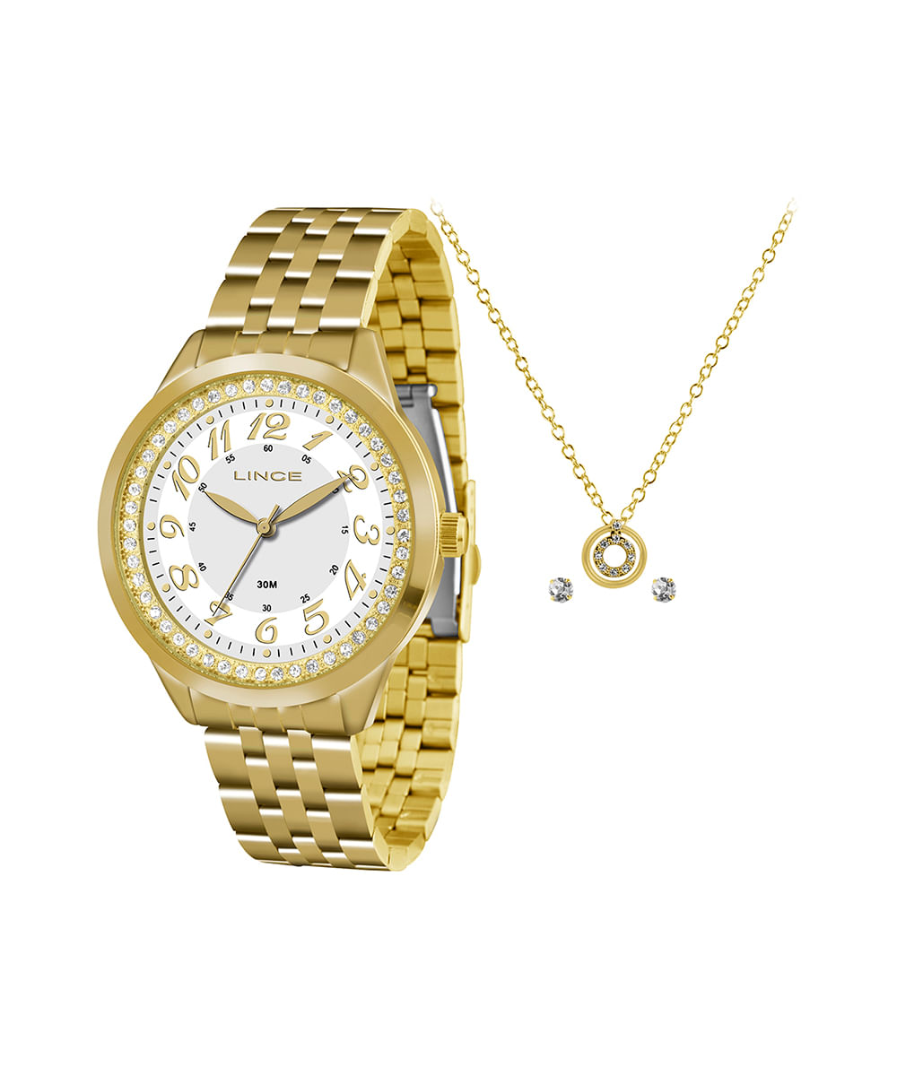 kit relógio feminino lince lrg4330lka9qb2kx analógico dourado