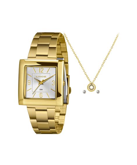 kit relógio feminino lince lqg4767l34ka9ls2kx analógico dourado
