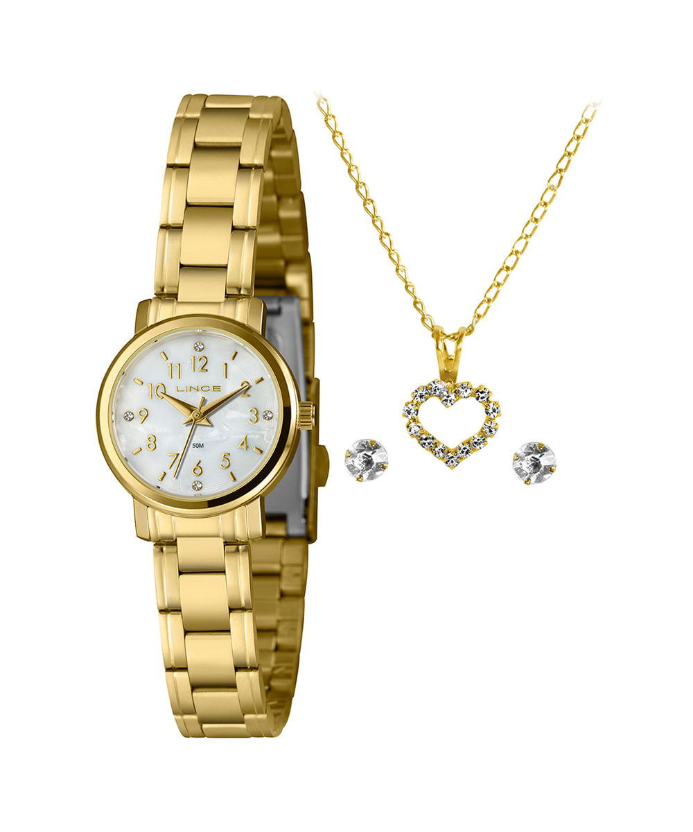 kit relógio feminino lince lrgh174l25 k02eb2kx analógico dourado