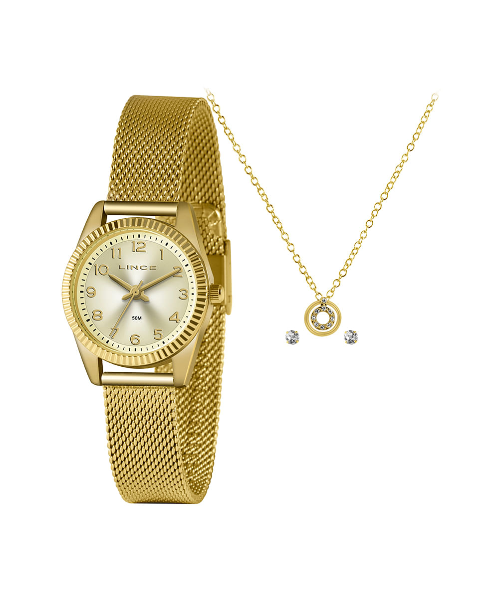 kit relógio feminino lince lrg4674lka9sc2kx analógico dourado