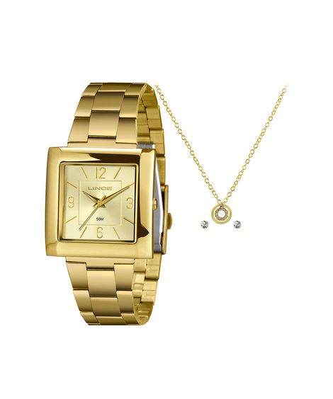 kit relógio feminino lince lqg4767l34ka9ic2kx analógico dourado