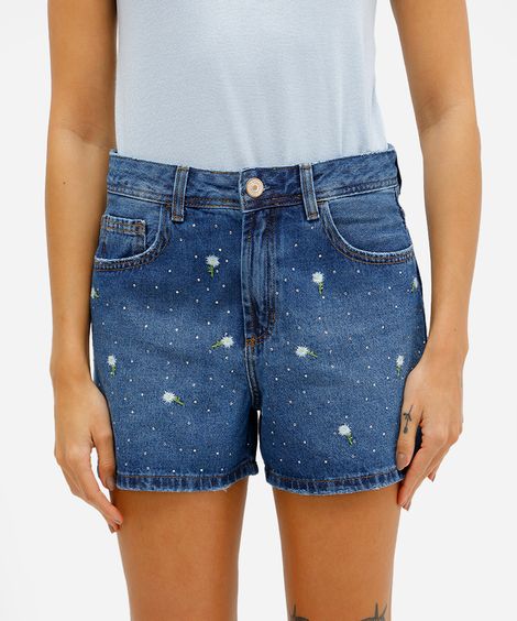 short feminino jeans com bordado floral e brilhos azul
