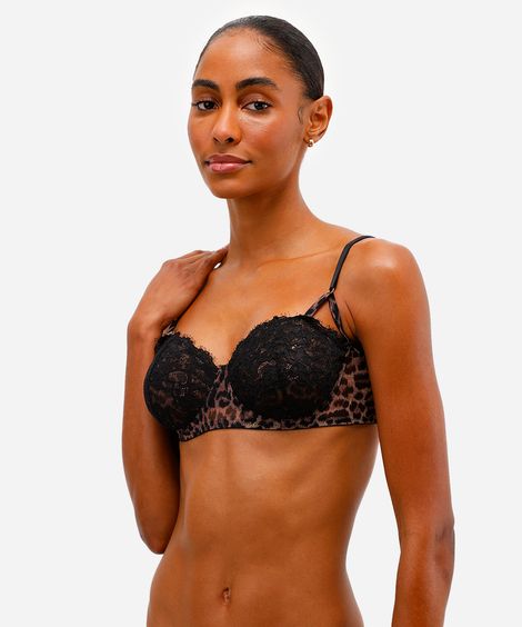 sutiã meia taça de tule com renda animal print bege