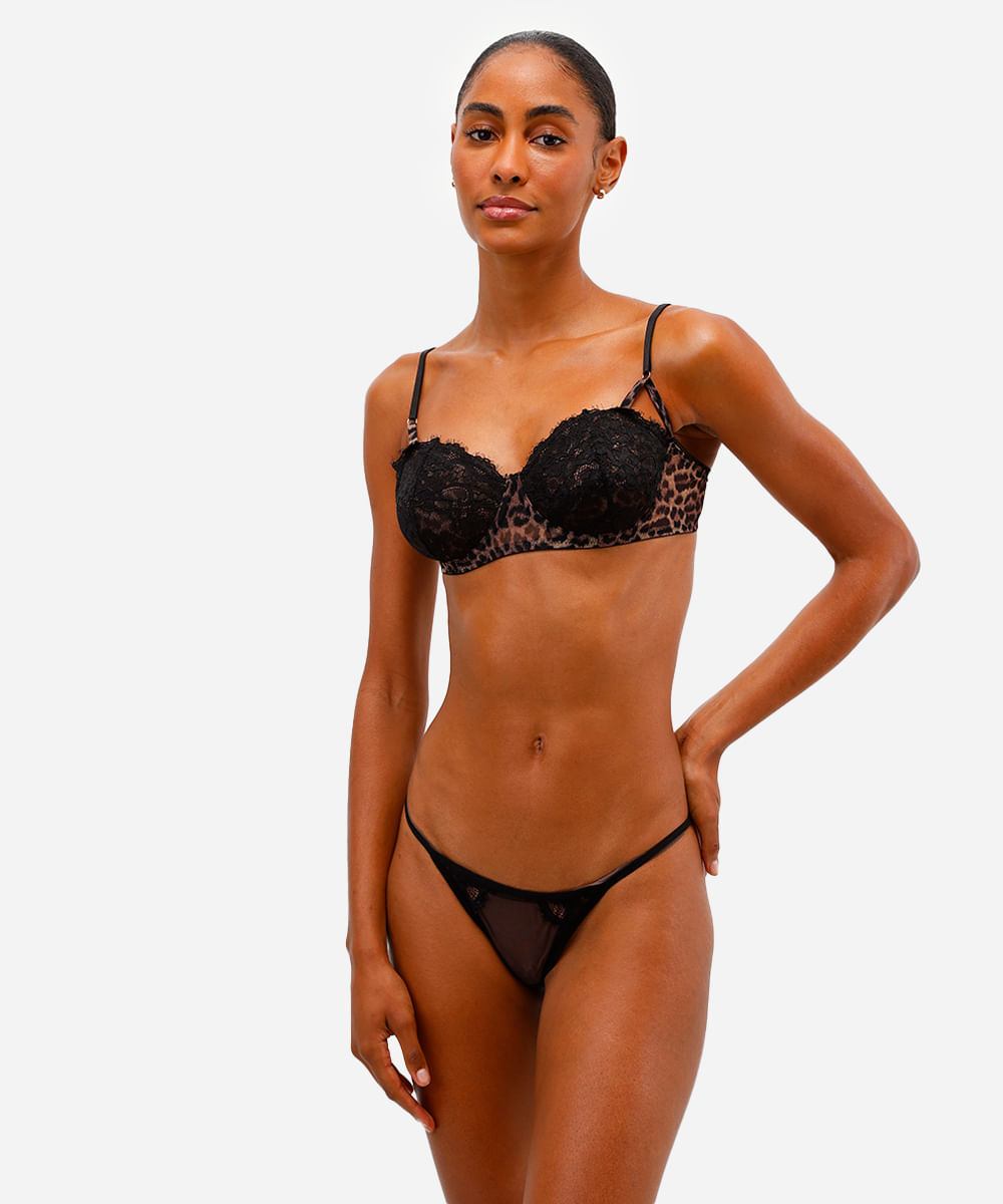 sutiã meia taça de tule com renda animal print bege