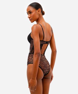 body feminino de tule com renda animal print bege