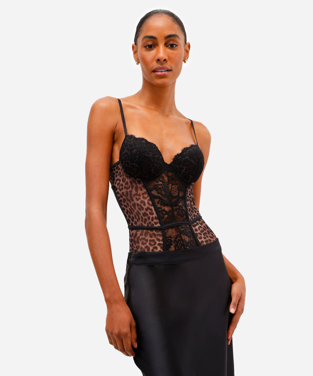 body feminino de tule com renda animal print bege