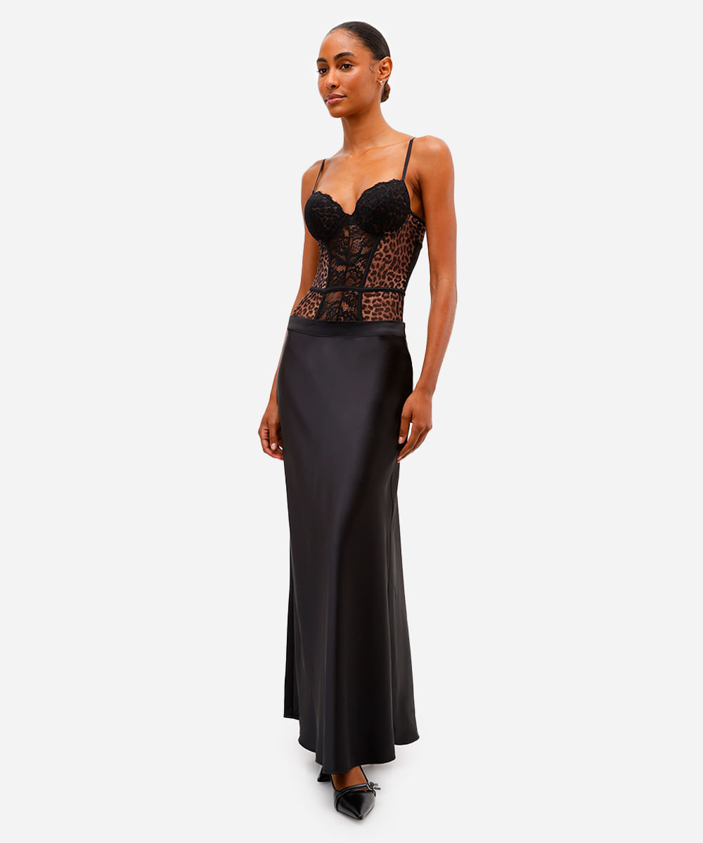 body feminino de tule com renda animal print bege