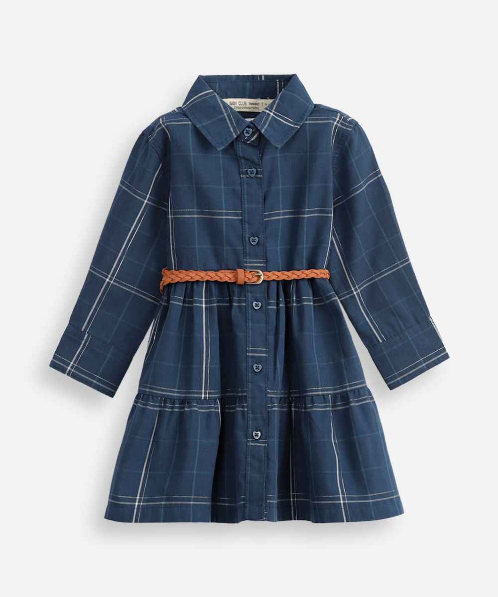 vestido infantil manga longa xadrez azul