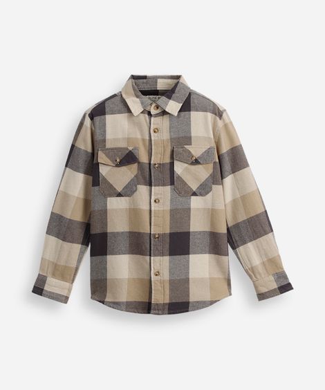 camisa infantil de algodão manga longa xadrez bege