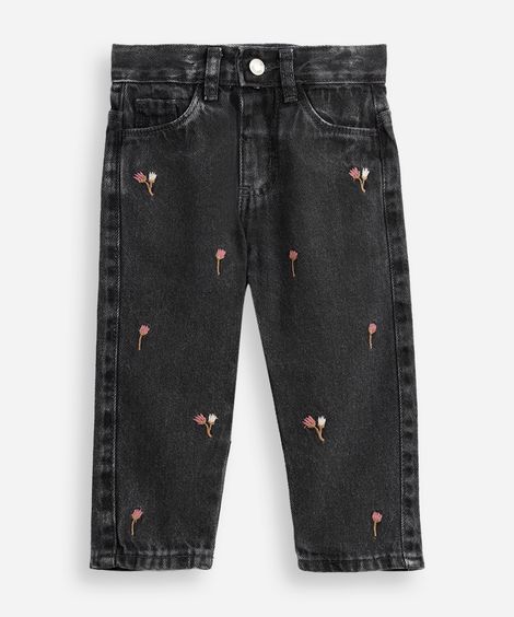 calça reta infantil jeans floral preta