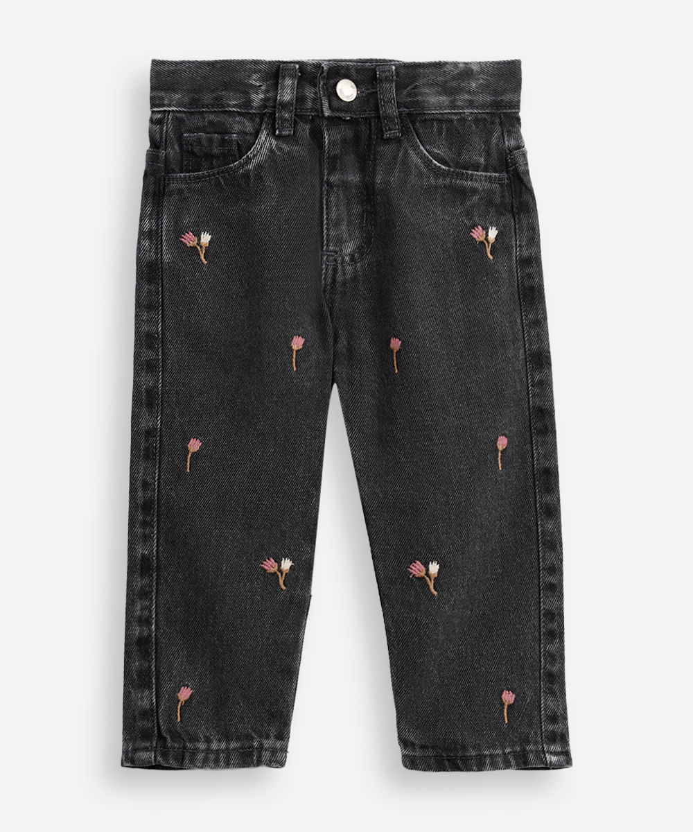 calça reta infantil jeans floral preta