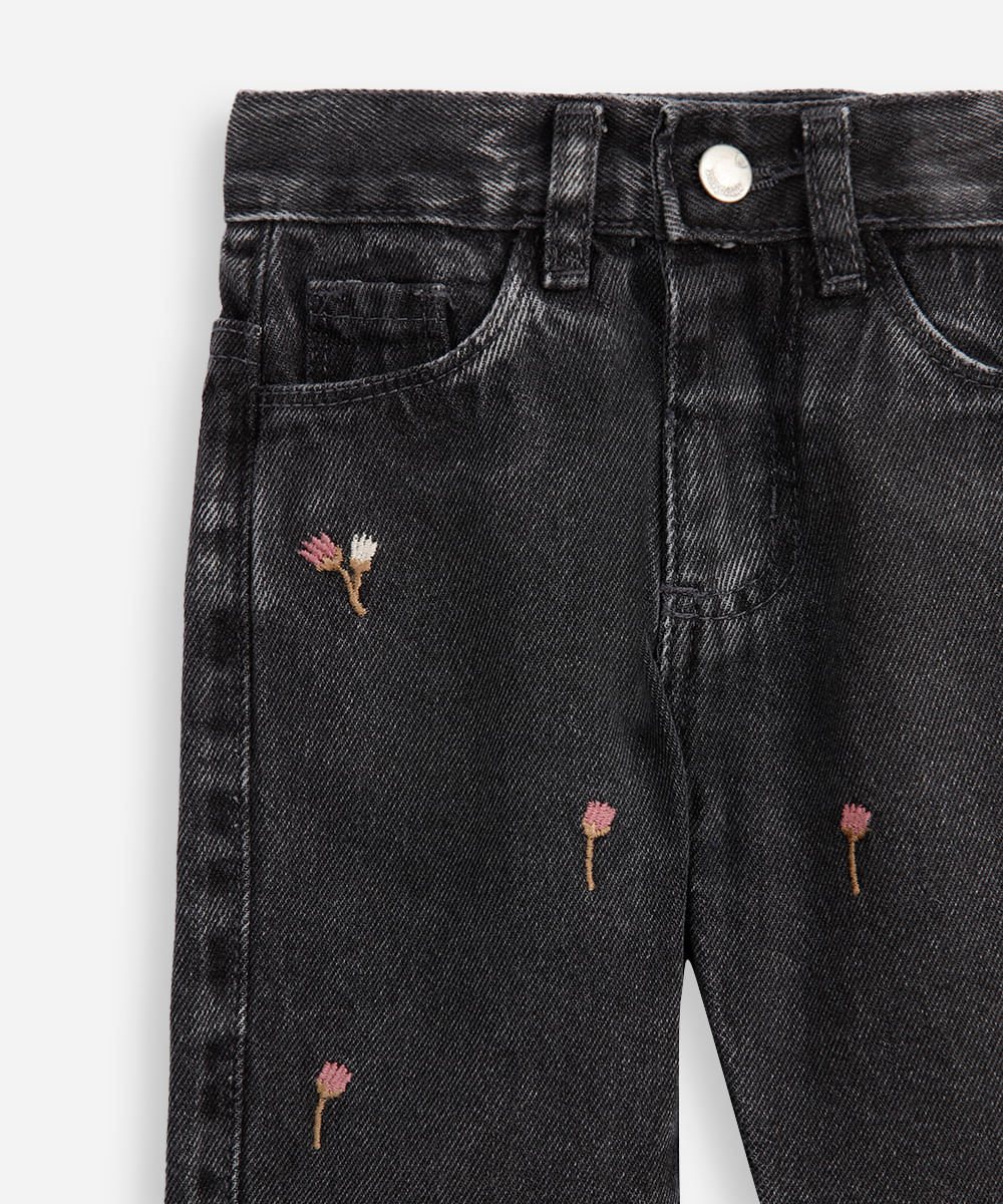 calça reta infantil jeans floral preta
