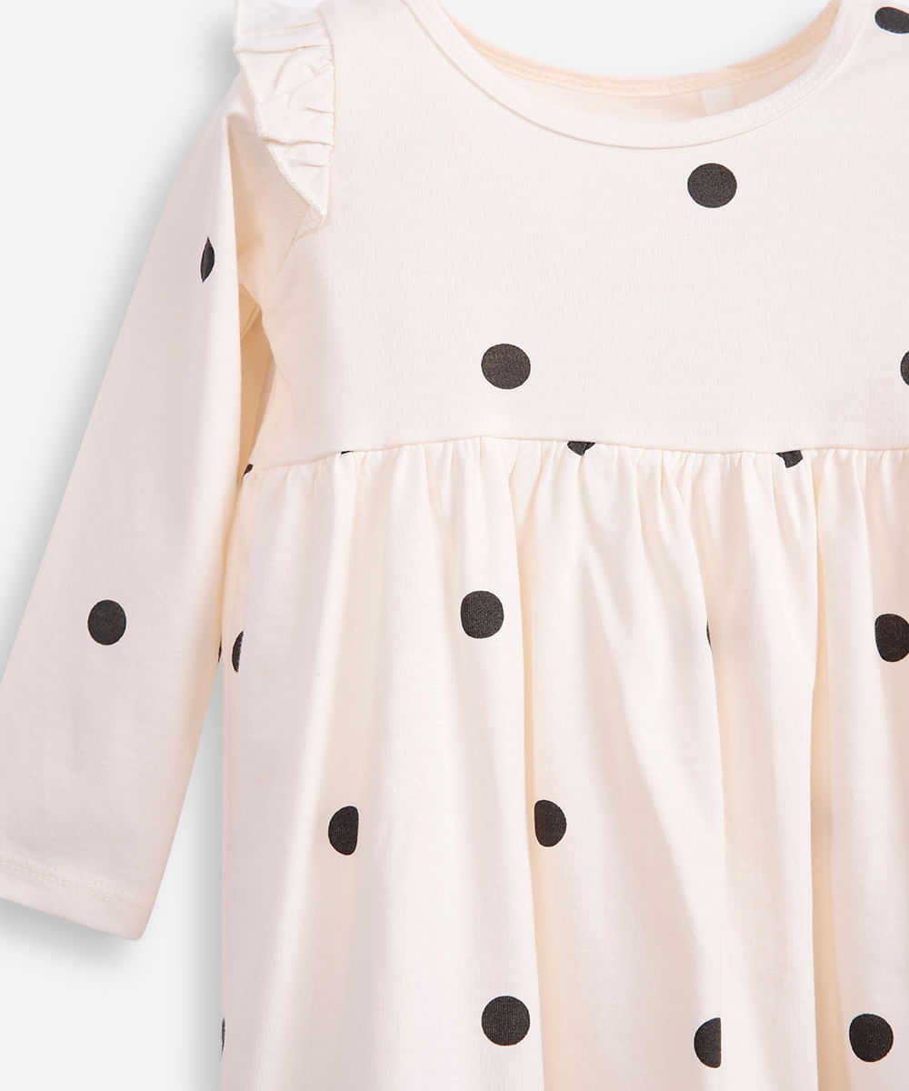 vestido infantil manga longa poá off white