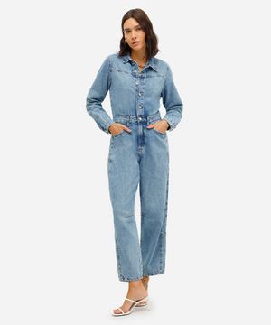 macacão feminino jeans manga longa azul
