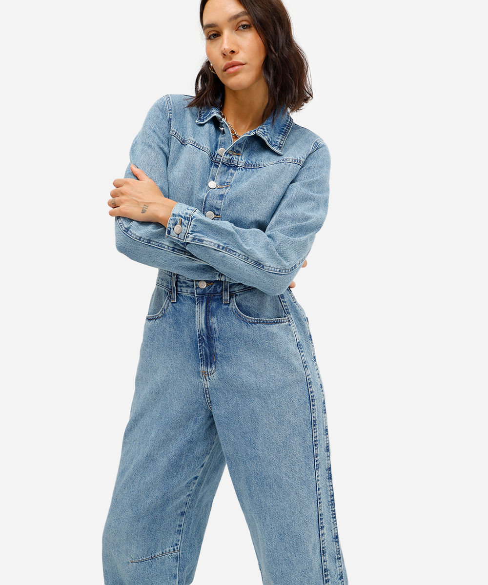 macacão feminino jeans manga longa azul