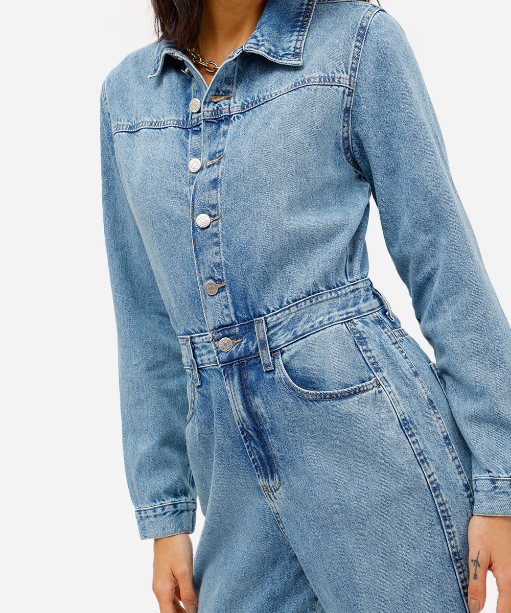 macacão feminino jeans manga longa azul