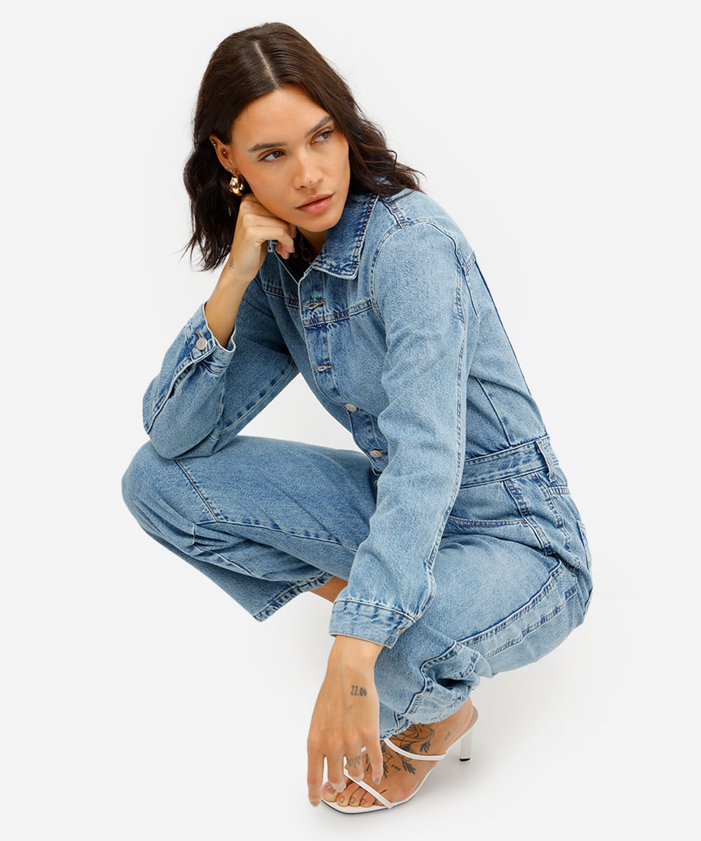 macacão feminino jeans manga longa azul