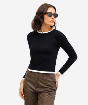 blusa básica feminina de tricot manga longa preta