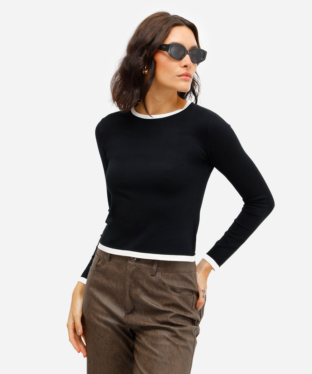 blusa básica feminina de tricot manga longa preta
