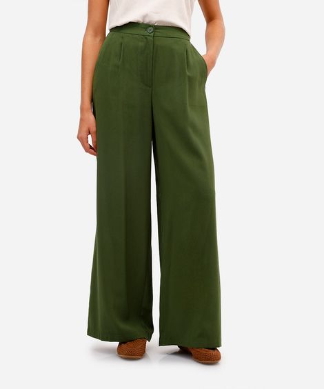 calça wide leg feminina de viscose cintura alta com elástico verde