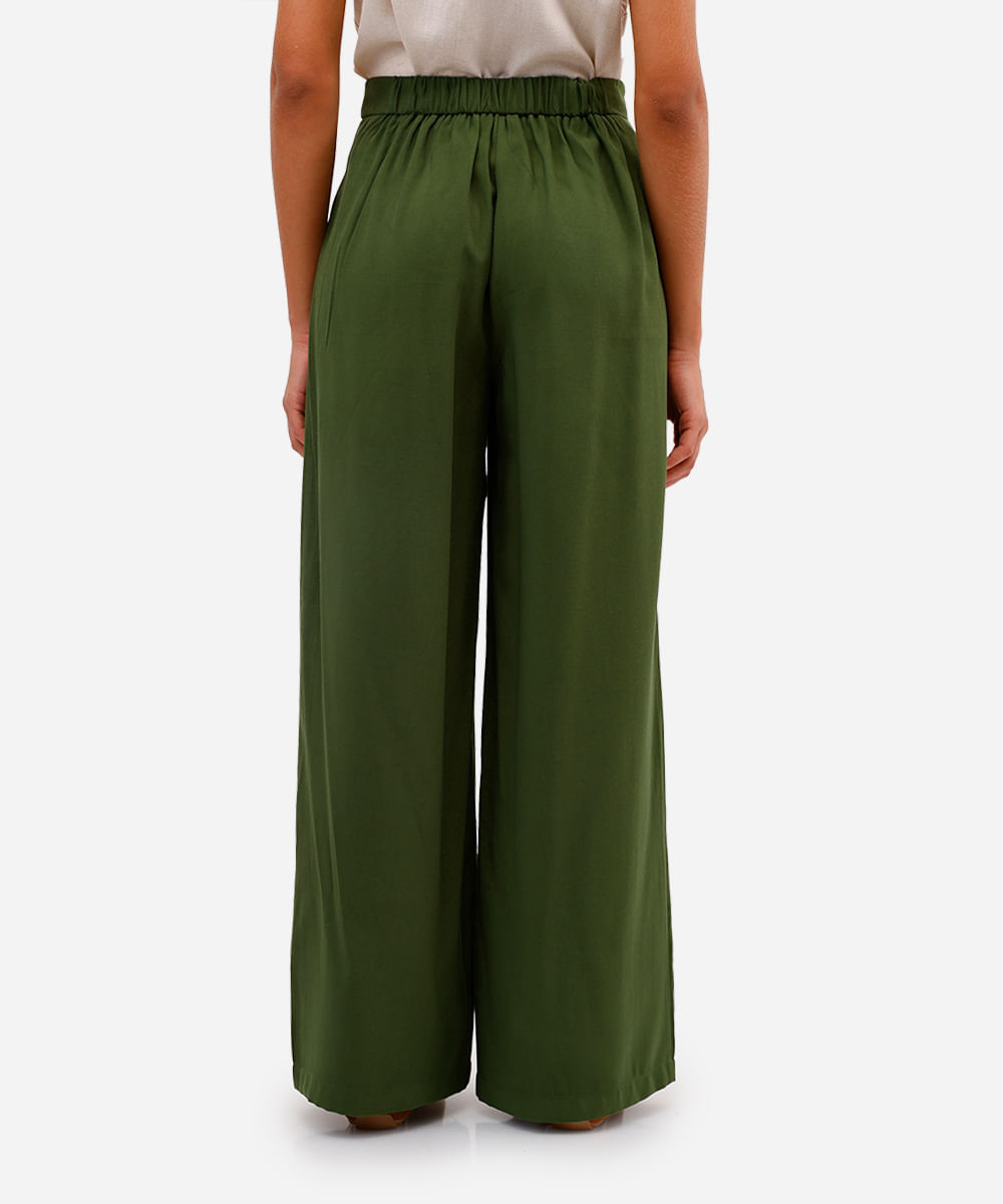calça wide leg feminina de viscose cintura alta com elástico verde