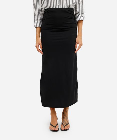 saia midi feminina básica de poliamida franzida preta