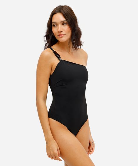 body ombro único feminino de poliamida com pregas preto