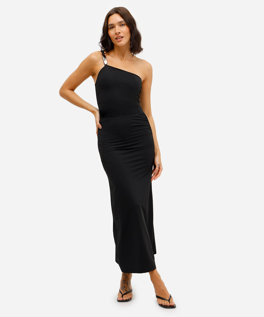 body ombro único feminino de poliamida com pregas preto