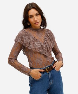 bata feminina de renda com babado floral marrom