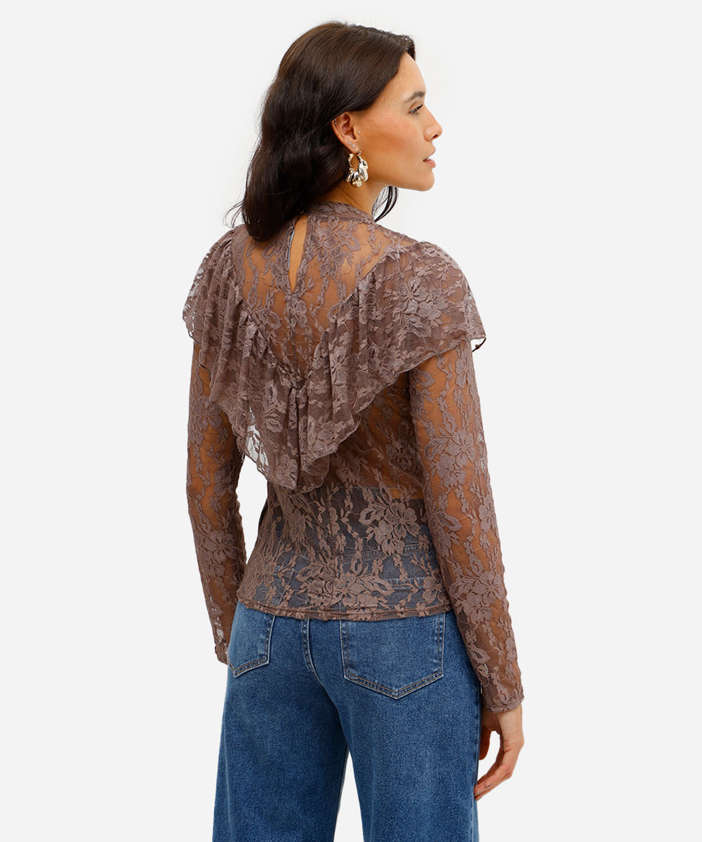 bata feminina de renda com babado floral marrom