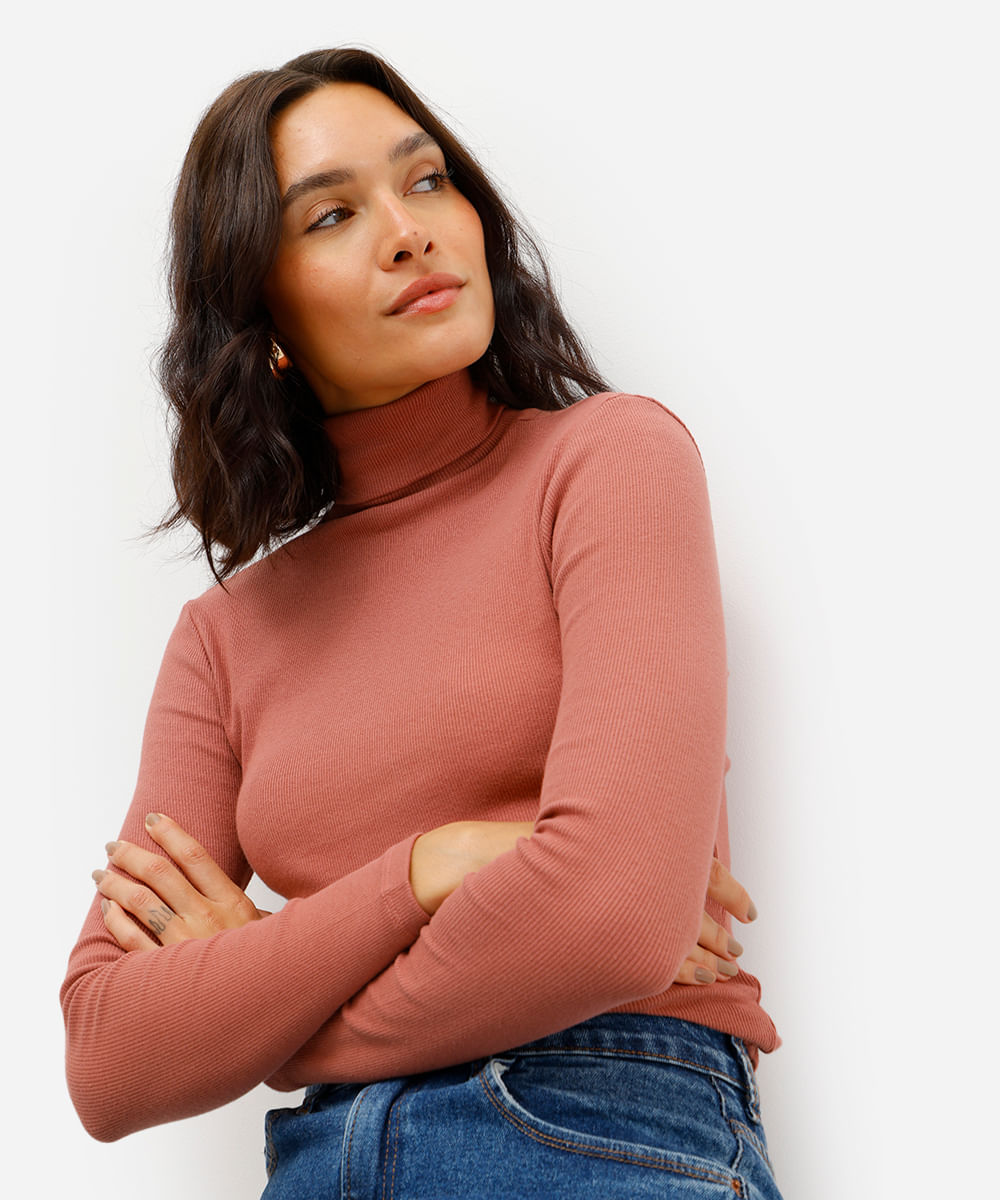 blusa feminina de algodão cropped gola alta rosa