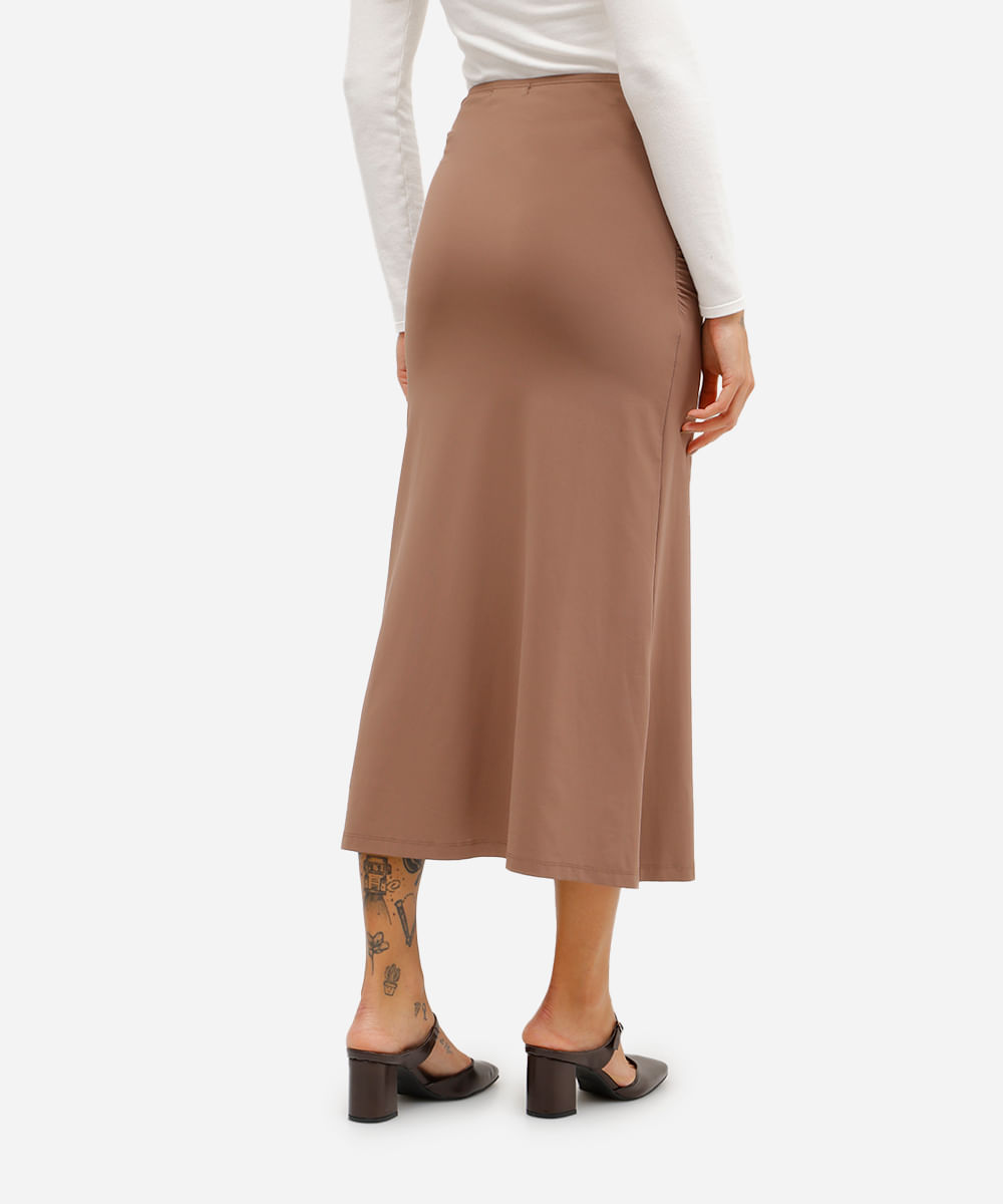 saia midi feminina básica de poliamida franzida marrom