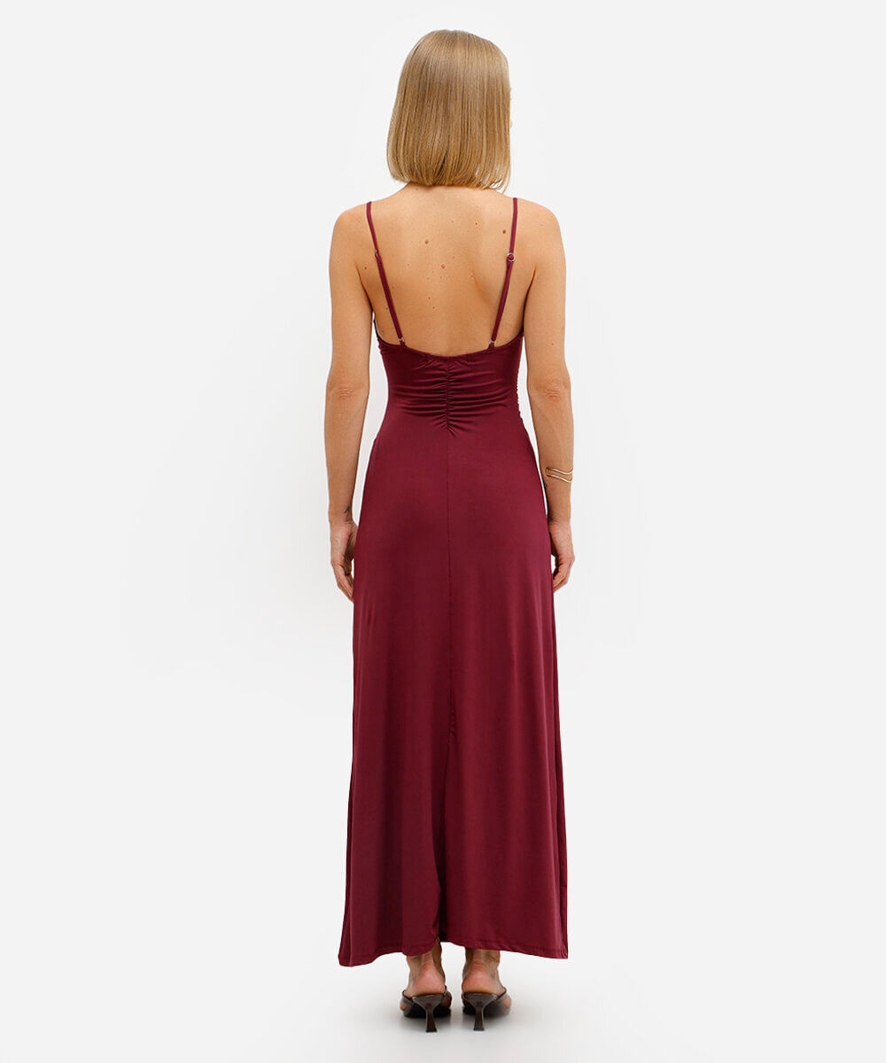 vestido longo feminino franzido alça fina vinho