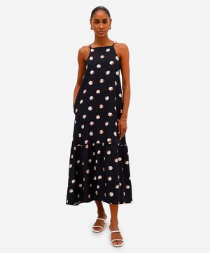 vestido midi feminino de viscose estampado preto