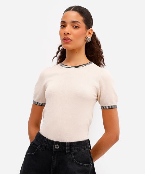 blusa feminina de tricot manga curta bege