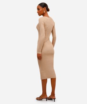 vestido midi feminino de tricot canelado bege
