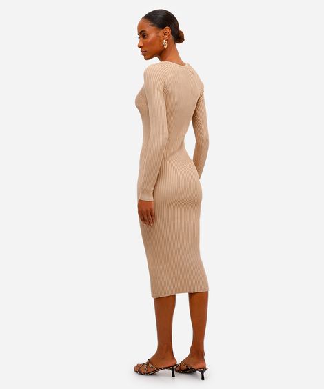 vestido midi feminino de tricot canelado bege
