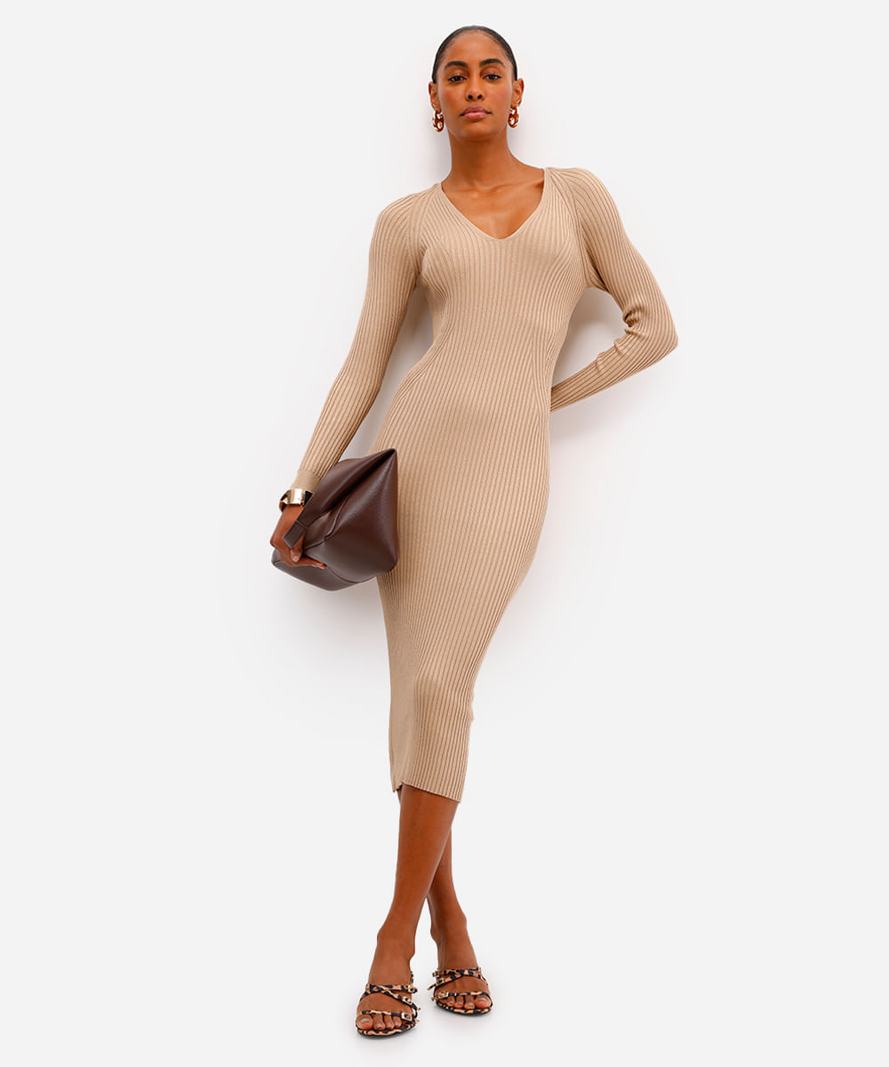 vestido midi feminino de tricot canelado bege