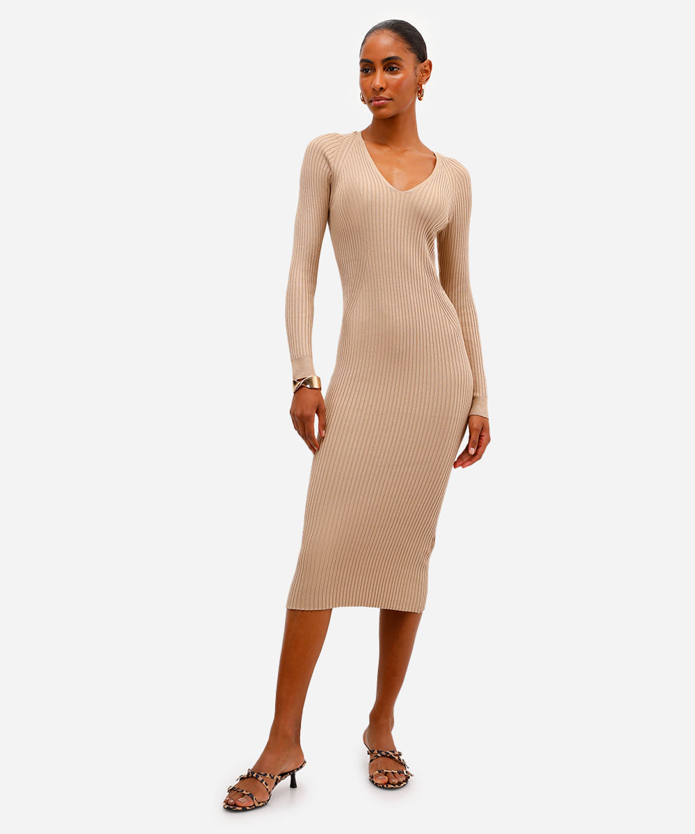 vestido midi feminino de tricot canelado bege