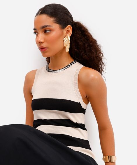 regata feminina de tricot listrada bege