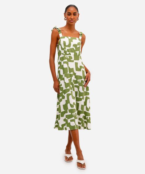 vestido midi feminino de viscose com amarração estampado verde