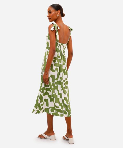 vestido midi feminino de viscose com amarração estampado verde